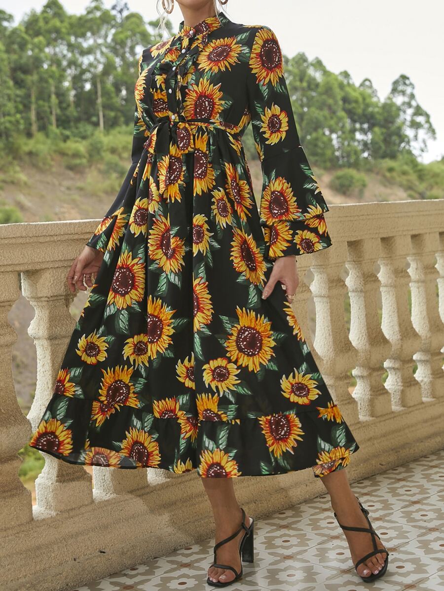 Vestido con cinturón con estampado de girasol con botón medio - Multicolor - Ver 1