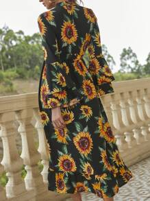 Vestido con cinturón con estampado de girasol con botón medio - Multicolor - Ver 2