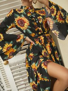 Vestido con cinturón con estampado de girasol con botón medio - Multicolor - Ver 3