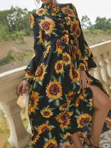 Vestido con cinturón con estampado de girasol con botón medio - Multicolor - Ver 4