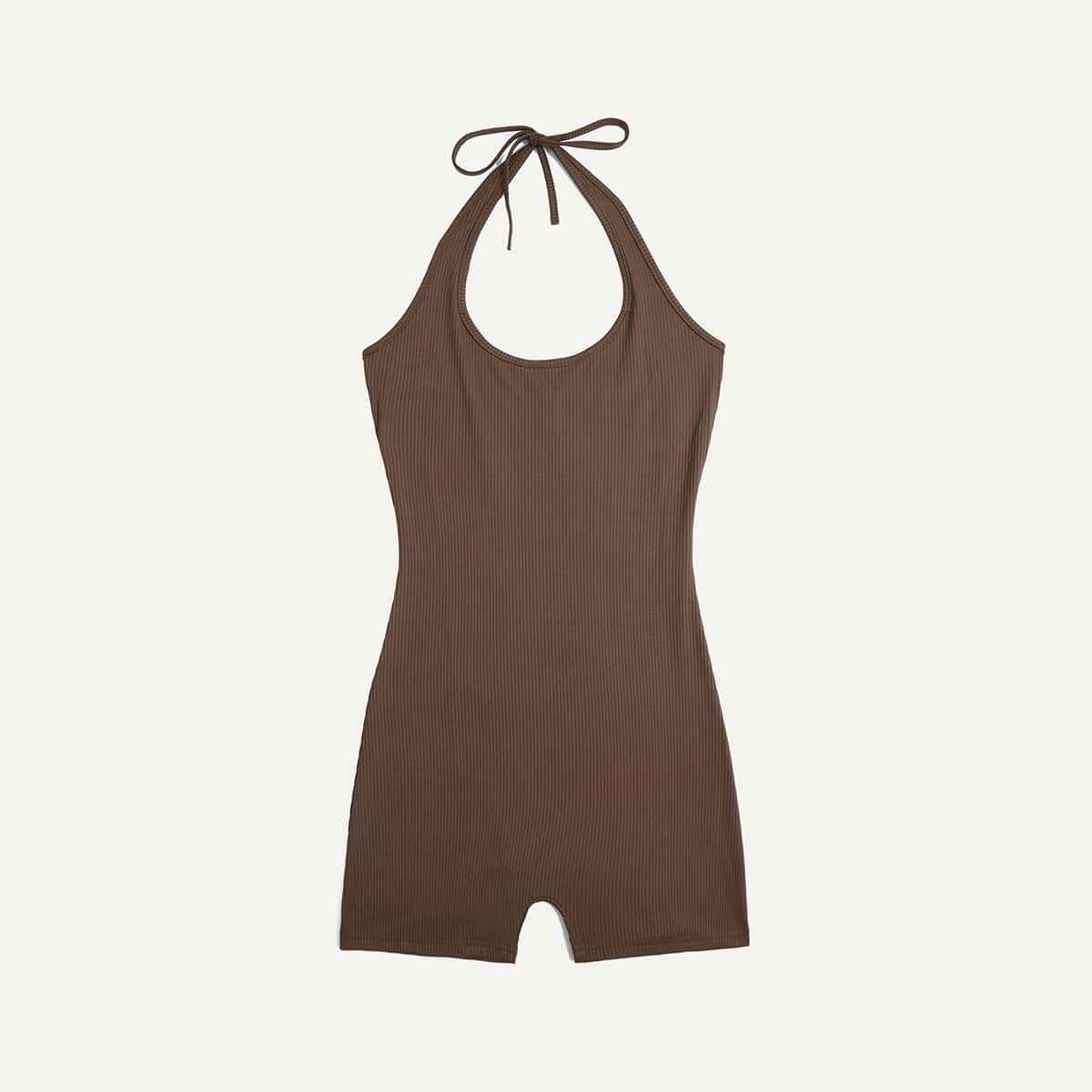 

Solid Halter Unitard Jumpsuit, Coffee brown