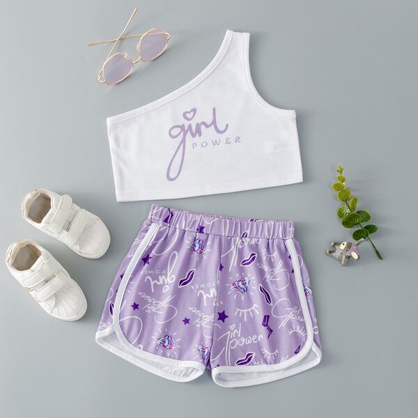 

Toddler Girls Heart & Letter Graphic One Shoulder Crop Top & Track Shorts, Multicolor