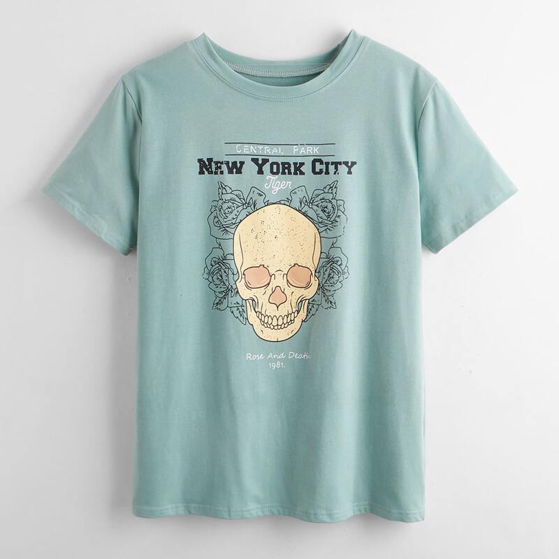 

Letter Skull & Floral Graphic Tee, Mint green