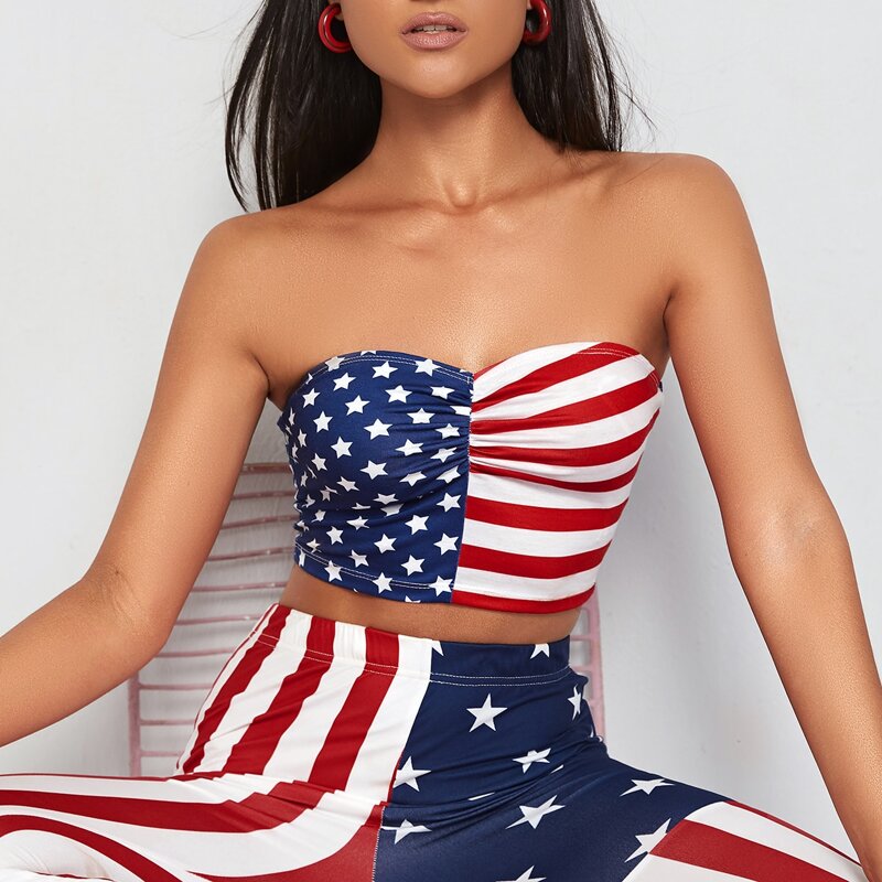 

Ruched Detail Flag Print Tube Top, Multicolor