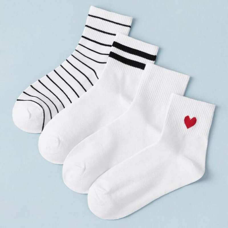 

4pairs Heart & Striped Crew Socks, White
