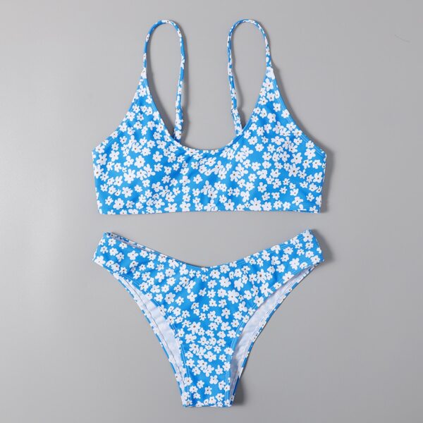 

Floral Random Print Bikini Swimsuit, Blue and white