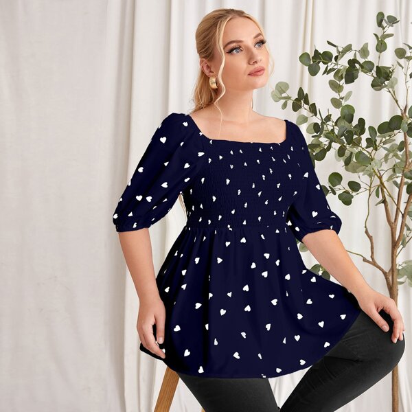

Plus Heart Print Puff Sleeve Shirred Milkmaid Blouse, Navy blue