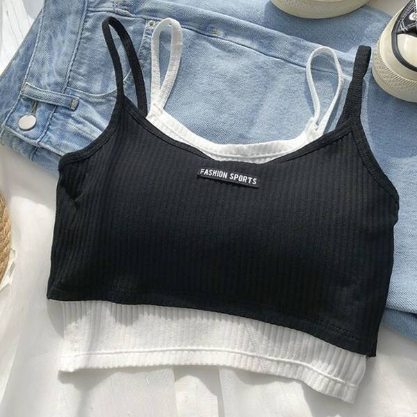 

Girls 2 In 1 Letter Patched Bralette, Black