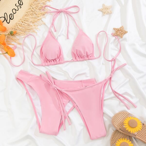 

3pack Halter Bikini Swimsuit With Thong, Pink