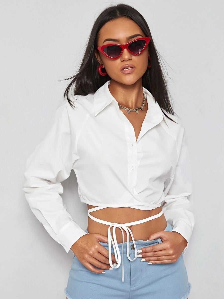 SHEIN EZwear Raglan Sleeve Lace Up Shirt
