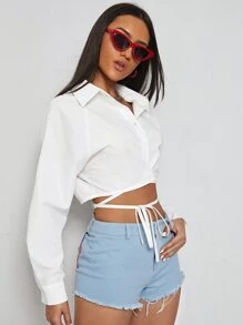 SHEIN EZwear Raglan Sleeve Lace Up Shirt