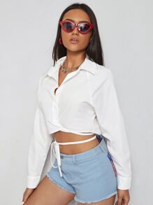 SHEIN EZwear Raglan Sleeve Lace Up Shirt