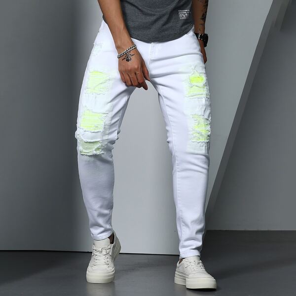 

Men Neon Patched Ripped Jeans, White