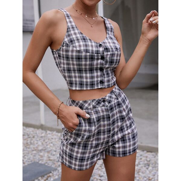 

Button Front Tartan Crop Cami Top, Black
