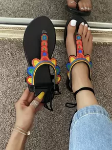 Colorblock Tie Leg Thong Sandals - màu đen - Xem 1