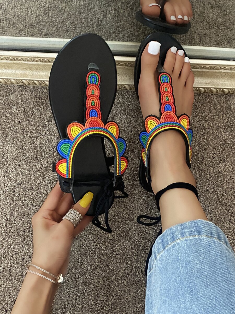 Colorblock Tie Leg Thong Sandals - màu đen - Xem 1