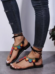 Colorblock Tie Leg Thong Sandals - màu đen - Xem 2