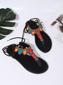 Colorblock Tie Leg Thong Sandals - màu đen - Xem 3