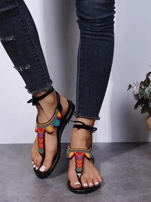 Colorblock Tie Leg Thong Sandals - màu đen - Xem 6