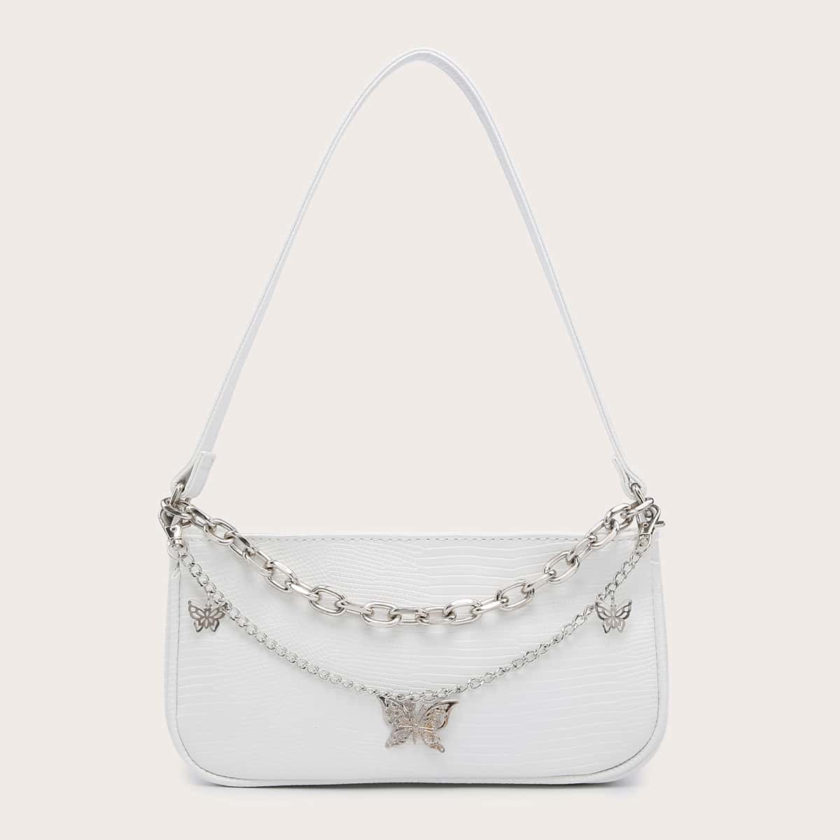 

Butterfly Decor Chain Baguette Bag, White