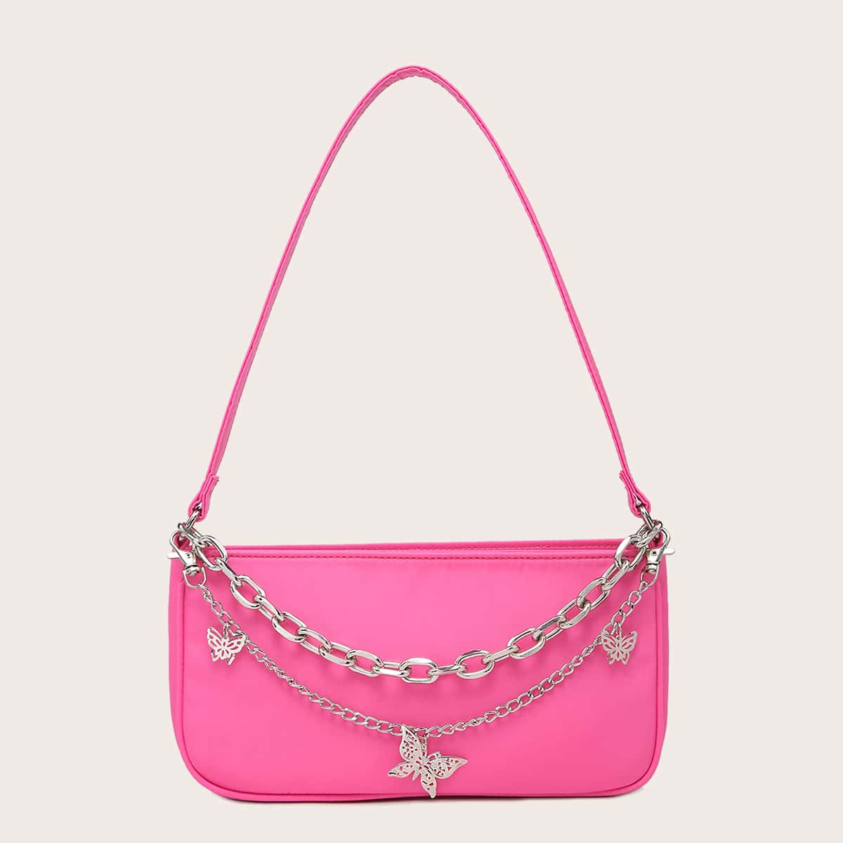 

Butterfly & Chain Decor Baguette Bag, Hot pink