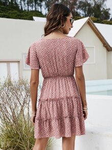 Ditsy Floral Print Ruffle Hem Dress - Dusty Pink - View 2