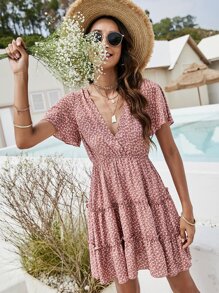 Ditsy Floral Print Ruffle Hem Dress - Dusty Pink - View 3