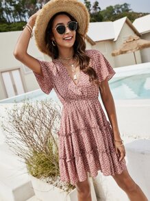 Ditsy Floral Print Ruffle Hem Dress - Dusty Pink - View 5