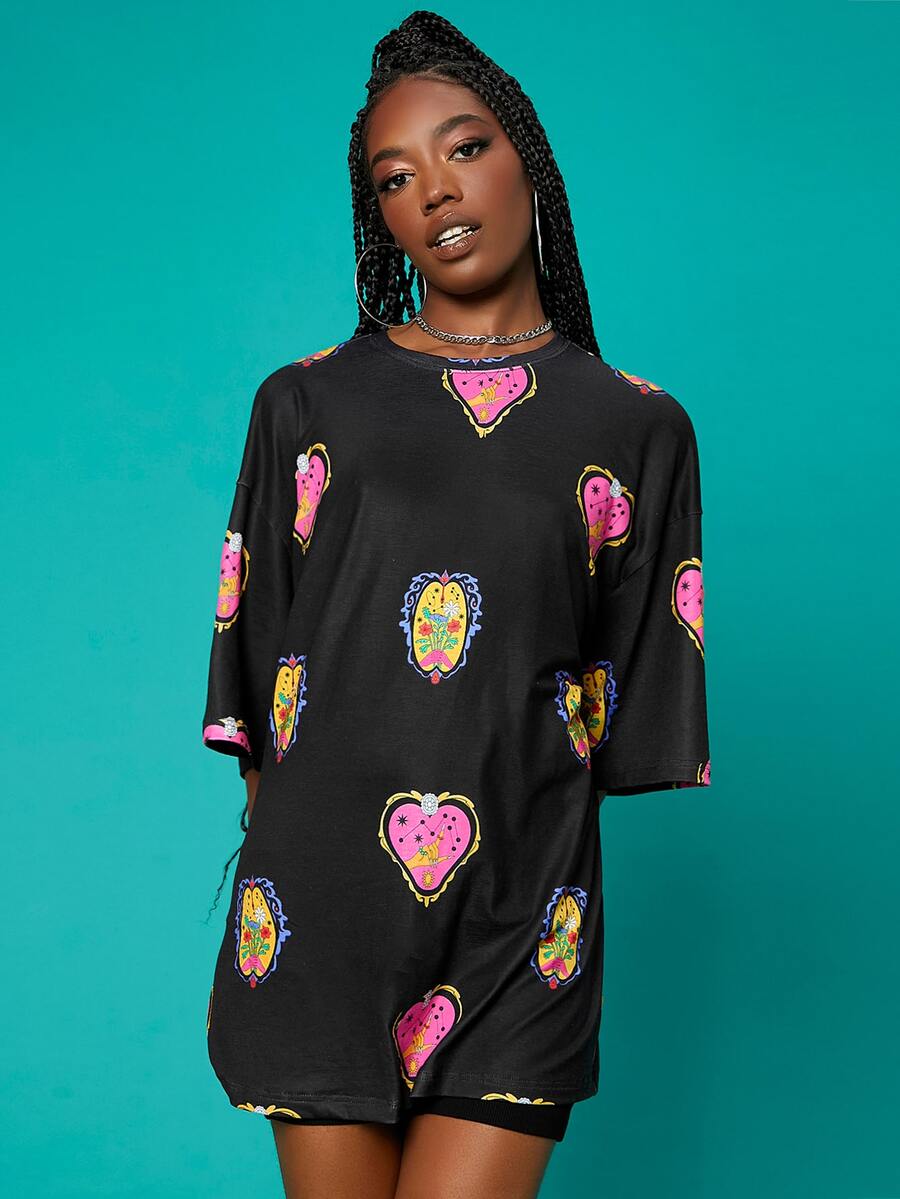 Penelope Ping Graphic Print Drop Shoulder Longline Oversized Tee - Black - View 1