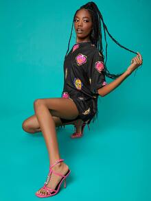 Penelope Ping Graphic Print Drop Shoulder Longline Oversized Tee - Black - View 4