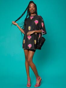 Penelope Ping Graphic Print Drop Shoulder Longline Oversized Tee - Black - View 5