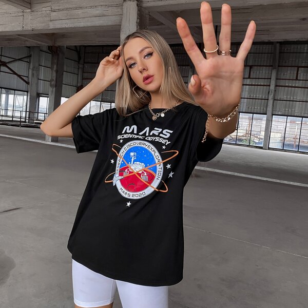 

Letter & Planet Graphic Drop Shoulder Tee, Black