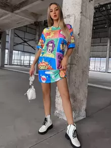 SHEIN Unity Pop Art Print Tee Dress - Multicolor - View 3