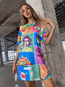 SHEIN Unity Pop Art Print Tee Dress - Multicolor - View 5