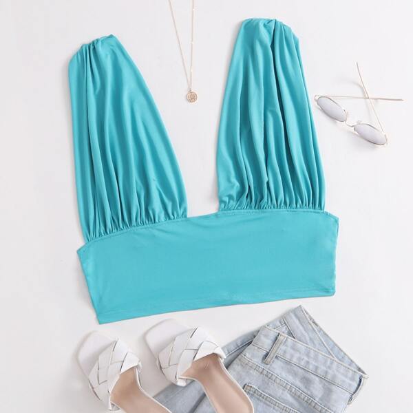 

Plus Solid Ruched Crop Tank Top, Mint blue
