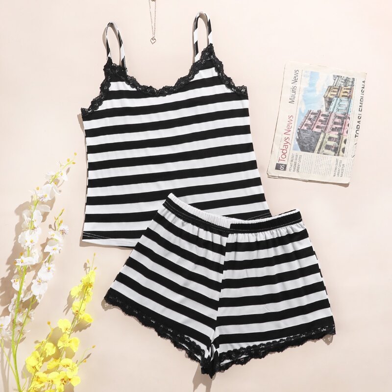 

Striped Lace Trim Cami Pajama Set, Black and white