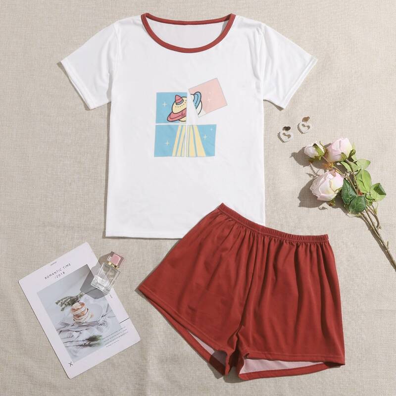 

UFO Print Tee & Shorts PJ Set, Red and white