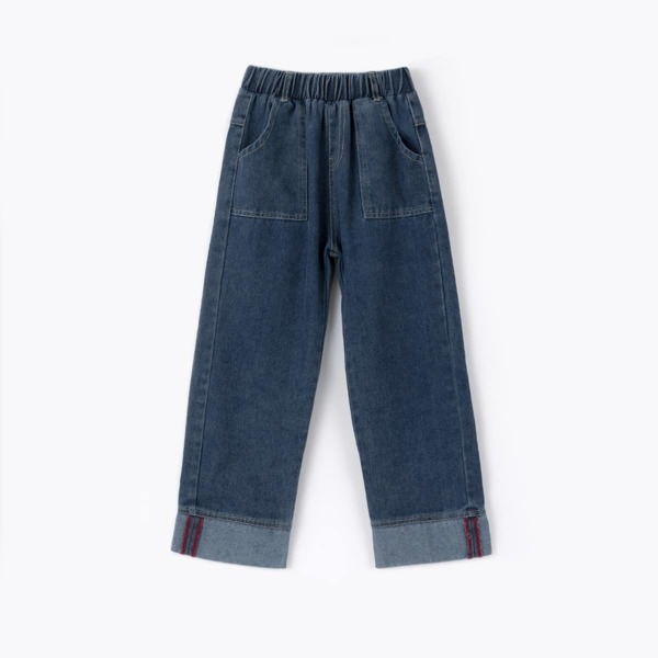 

Girls Slant Pocket Roll Hem Straight Leg Jeans, Dark wash