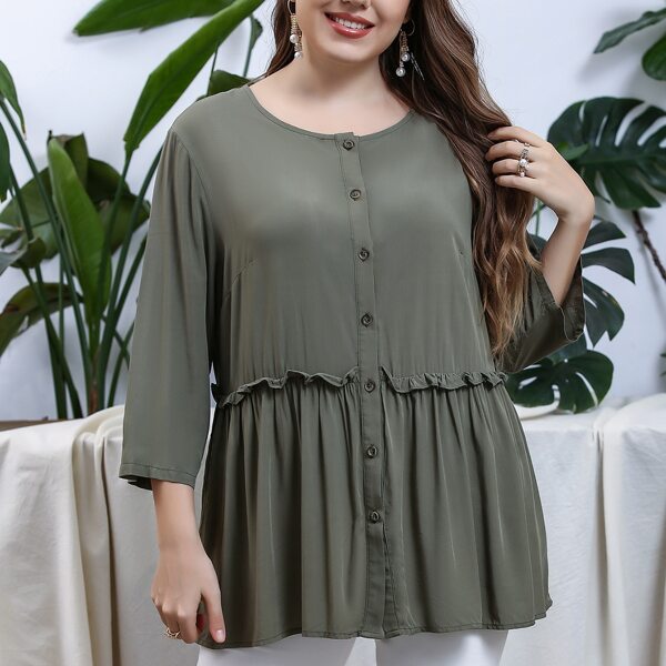 

Plus Solid Frill Ruffle Hem Blouse, Army green