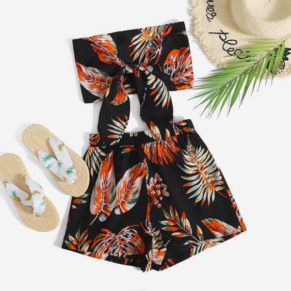 

Tropical Print Tie Front Bandeau Top & Shorts, Multicolor