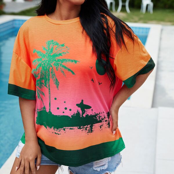 

Plus Tropical Print Drop Shoulder Tee, Multicolor