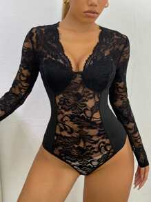 Body con encaje transparente en contraste - Negro - Ver 1
