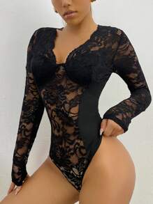 Body con encaje transparente en contraste - Negro - Ver 3