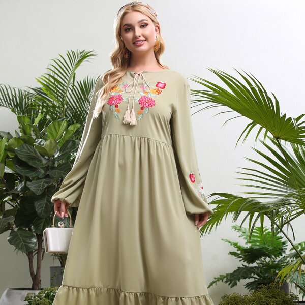 

Plus Floral Fringe Smock Dress, Army green