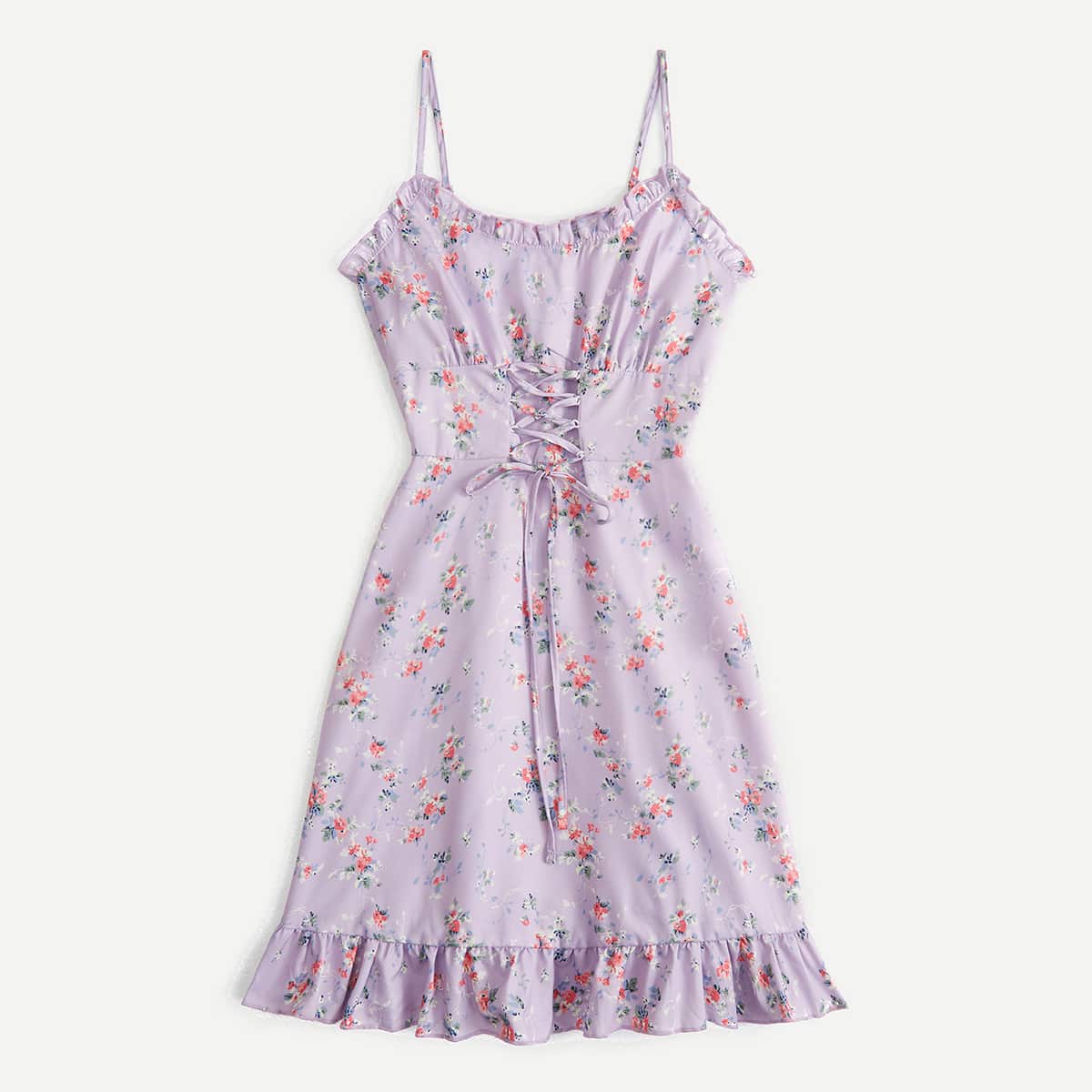 

Ditsy Floral Lace Up Frill Dress, Lilac purple