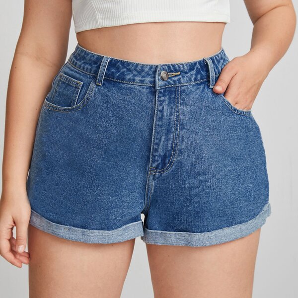 

Plus Roll Hem Denim Shorts, Medium wash