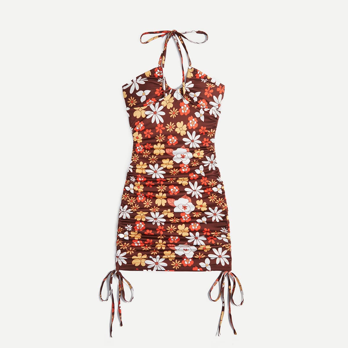 

Floral Graphic Drawstring Ruched Halter Dress, Multicolor