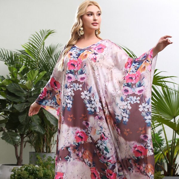 

Plus Floral Tie Dye Kaftan Dress, Multicolor