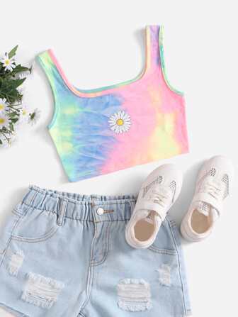 لباس علوي تانك بصبغ متعادل وبطباعة زهر اقحوان للبنات