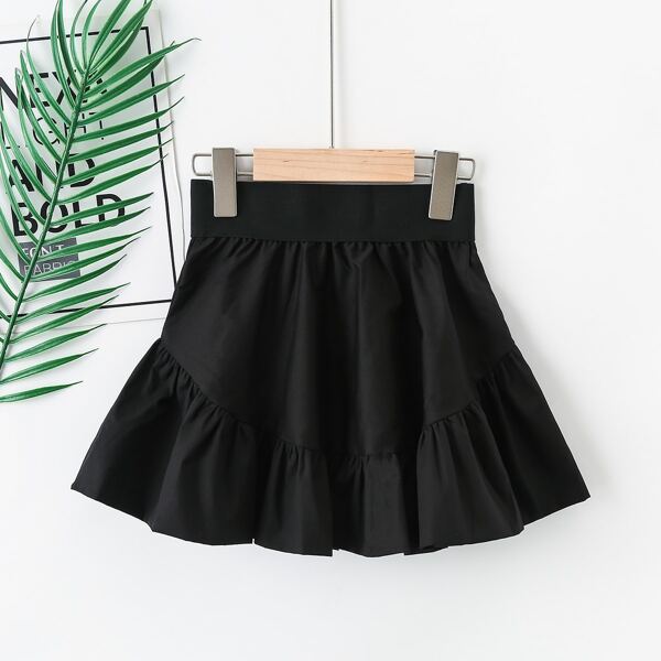 

Girls Solid Elastic Waist Ruffle Hem Skirt, Black